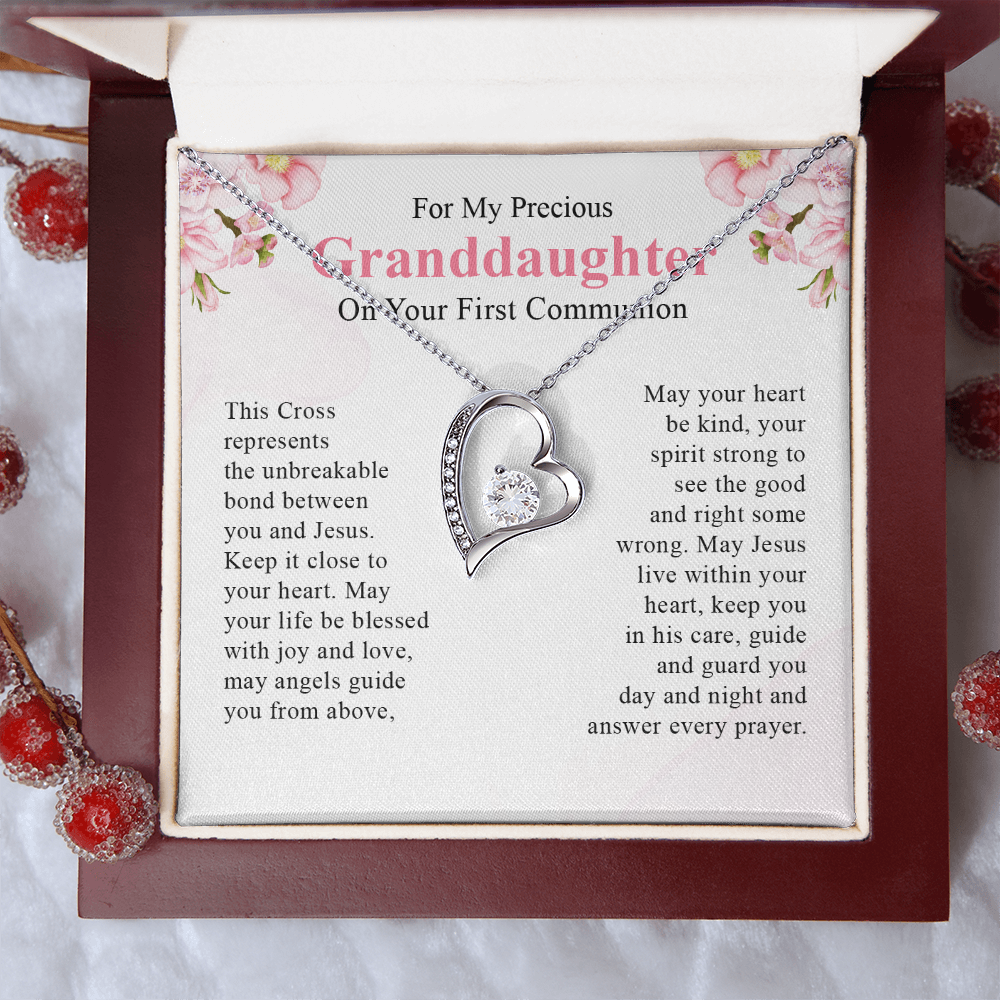 For my precious granddaughter on your first communion necklace gift for her with a meaningful message card and box.