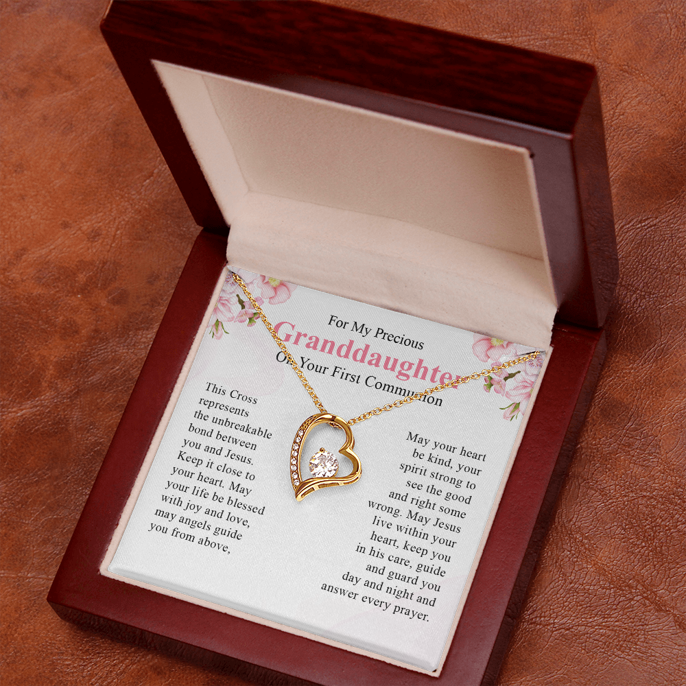 For my precious granddaughter on your first communion necklace gift for her with a meaningful message card and box.