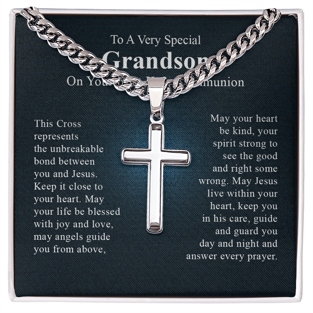 To a very special grandson on your first communion day cross necklace gift for men with a beautiful message card and box.