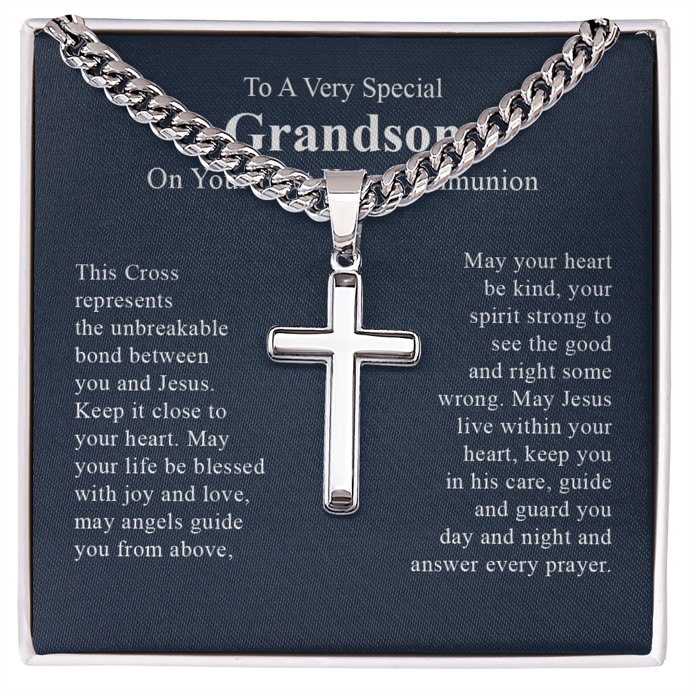 To a very special grandson on your first communion day necklace gift for grandson with a beautiful message card and box.