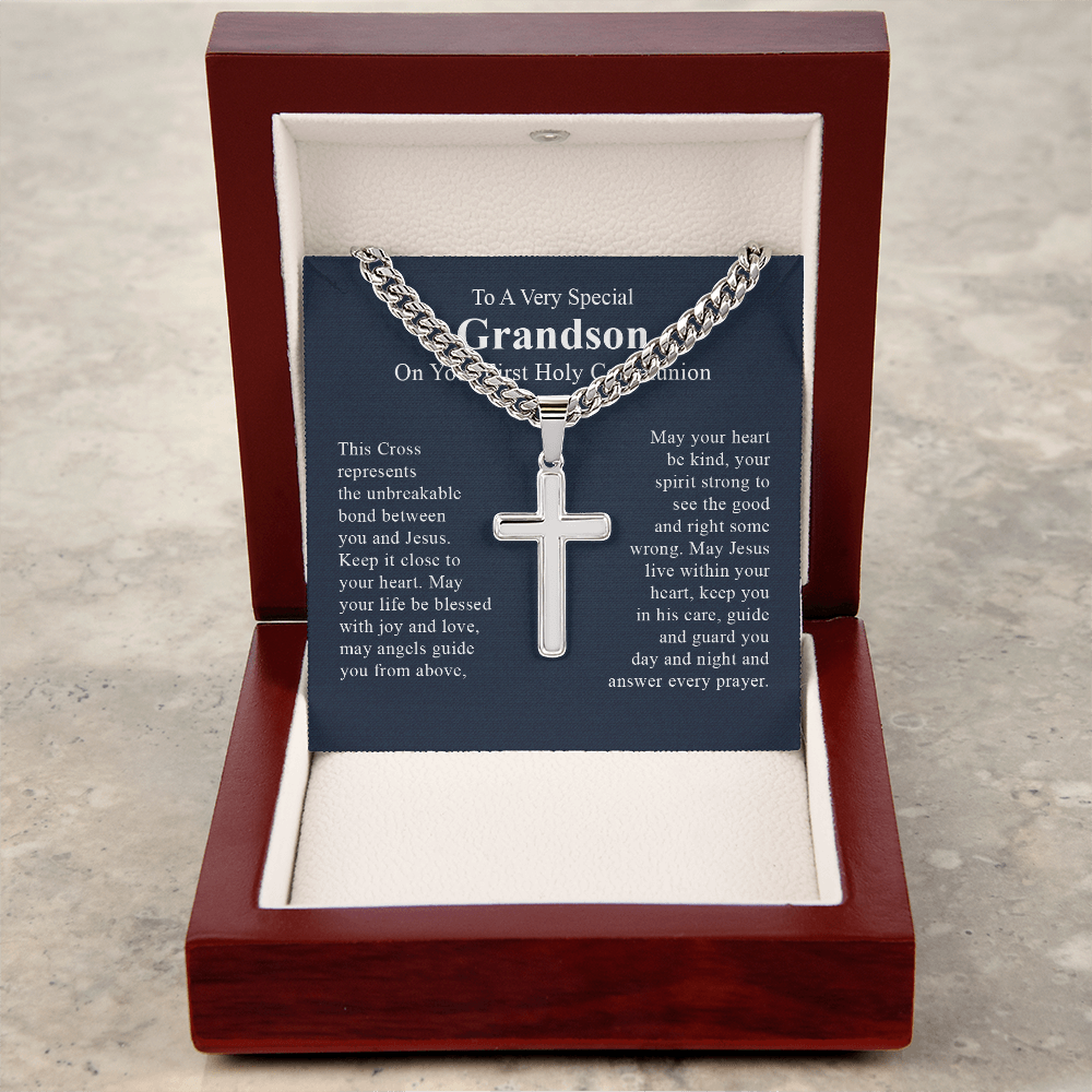 To a very special grandson on your first communion day necklace gift for grandson with a beautiful message card and box.