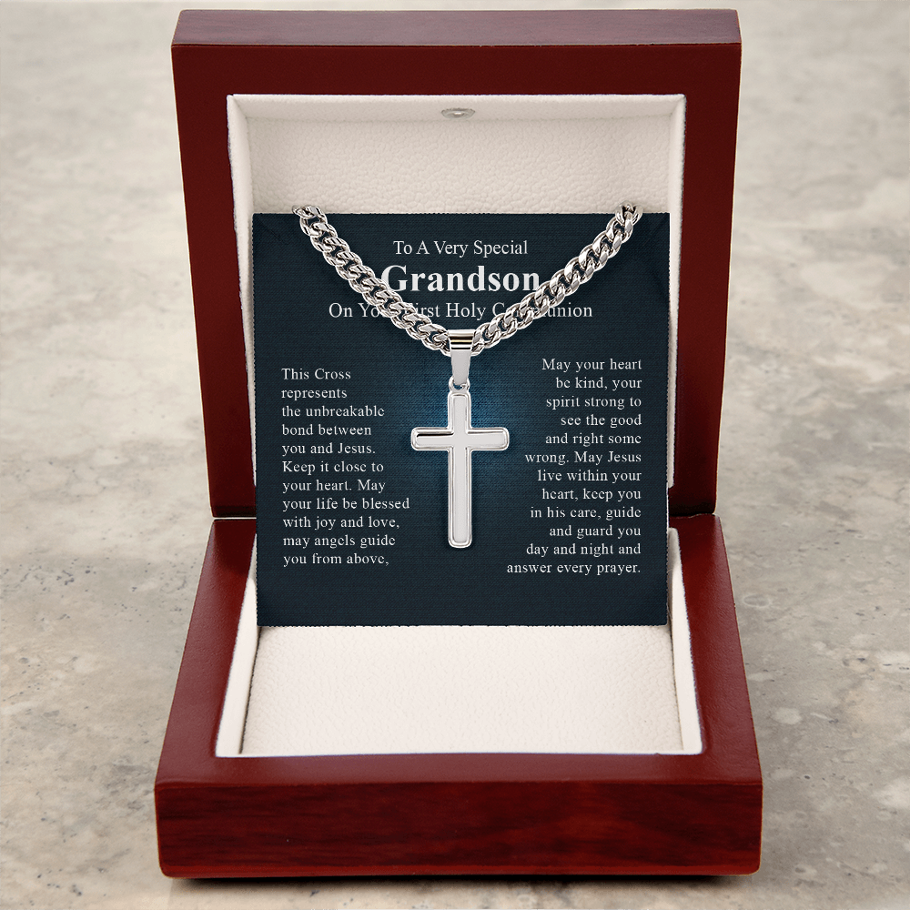 To a very special grandson on your first communion day cross necklace gift for men with a beautiful message card and box.