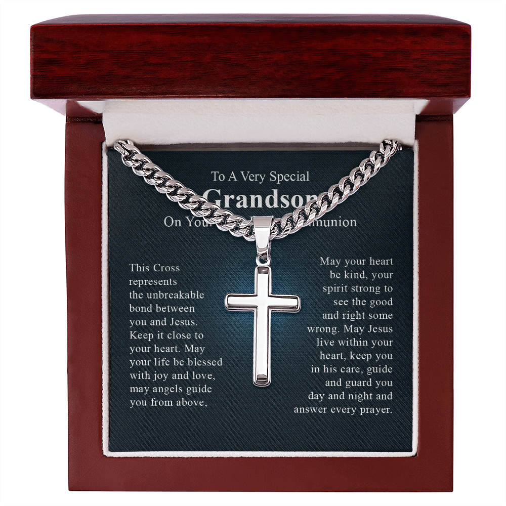 To a very special grandson on your first communion day cross necklace gift for men with a beautiful message card and box.
