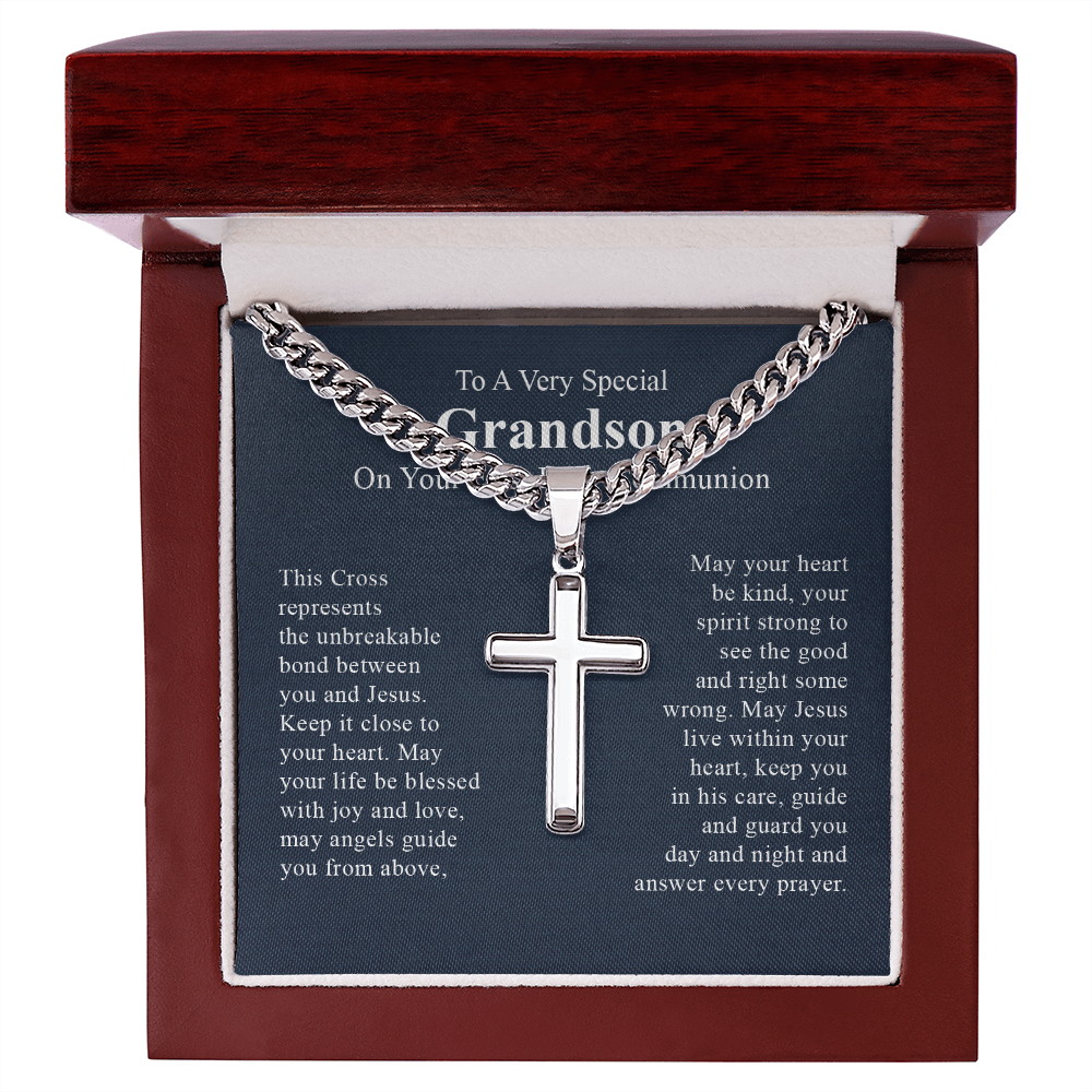 To a very special grandson on your first communion day necklace gift for grandson with a beautiful message card and box.