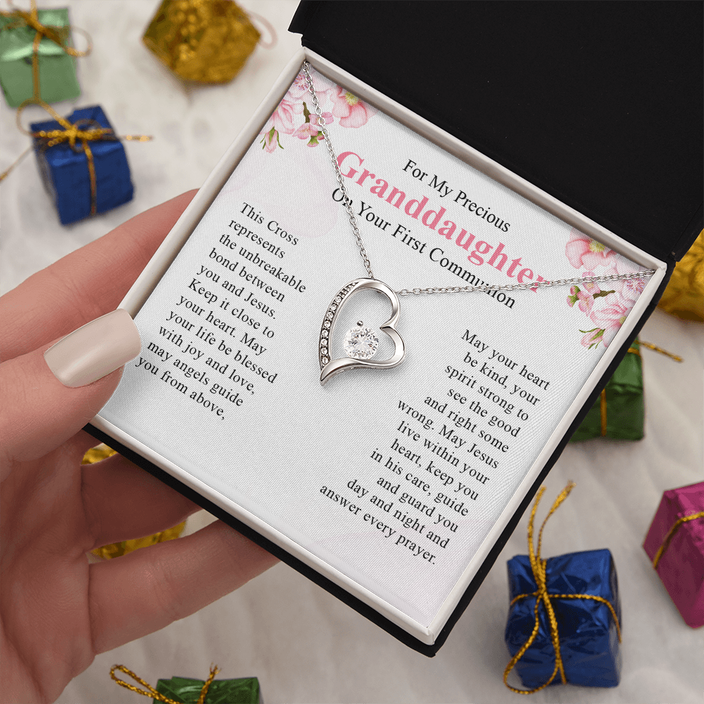 For my precious granddaughter on your first communion necklace gift for her with a meaningful message card and box.