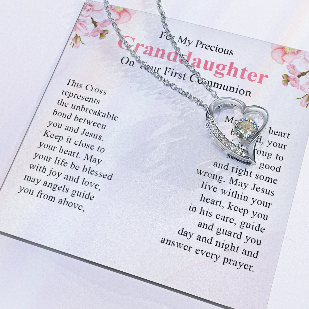 For my precious granddaughter on your first communion necklace gift for her with a meaningful message card and box.
