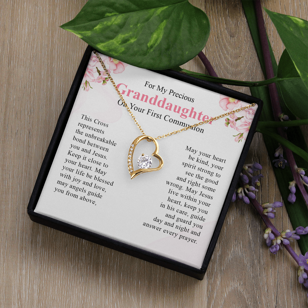 For my precious granddaughter on your first communion necklace gift for her with a meaningful message card and box.