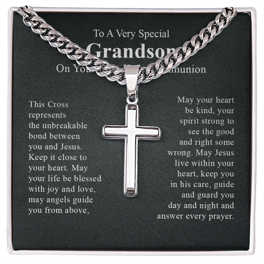 To a very special grandson on your first holy communion day cross necklace gift for him with meaningful message card and box.