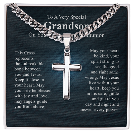 To a very special grandson on your first communion day cross necklace gift for men with a beautiful message card and box.