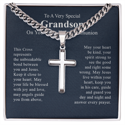 To a very special grandson on your first communion day necklace gift for grandson  with a beautiful message card and box.