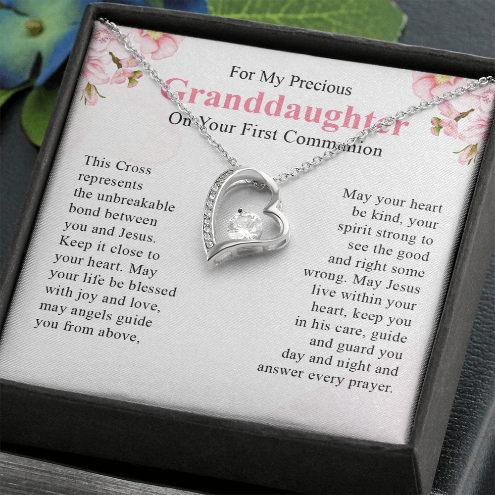 For my precious granddaughter on your first communion necklace gift for her with a meaningful message card and box.